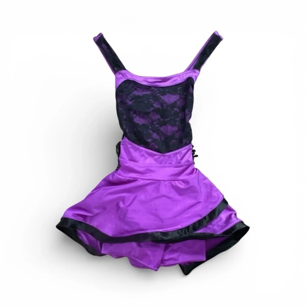 Weissman XLC XL Child’s Purple and Black Lace Dance Dress with Built in Shorts